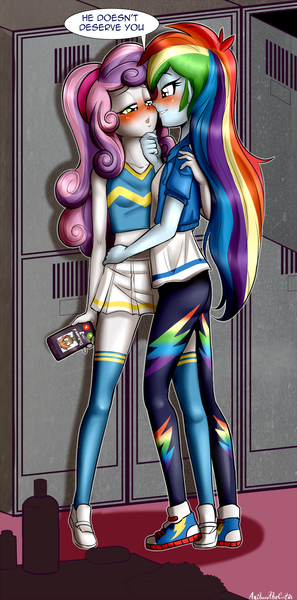 Size: 912x1840 | Tagged: suggestive, artist:anibaruthecat, derpibooru import, button mash, rainbow dash, sweetie belle, equestria girls, equestria girls series, blushing, button doesn't know, cheerleader, clothes, dialogue, female, hand on chin, hand on waist, imminent kissing, infidelity, lesbian, locker room, mobile phone, phone, shipping, shoes, sneakers, speech bubble, sweetiedash, vulgar