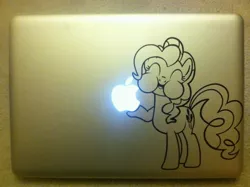 Size: 2592x1936 | Tagged: apple (company), artist:lifelessshadow26, computer, decal, derpibooru import, eating, laptop computer, macbook, pinkie pie, puffy cheeks, safe