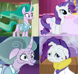 Size: 918x870 | Tagged: safe, derpibooru import, screencap, mistmane, rarity, unicorn, applejack's "day" off, campfire tales, shadow play, clothes, comparison, cropped, curved horn, ethereal mane, female, horn, mare, prunity, pruny