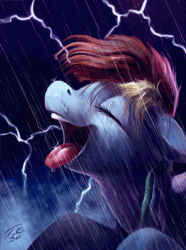 Size: 668x900 | Tagged: safe, artist:theshadowscale, artist:tsitra360, derpibooru import, rainbow dash, pegasus, pony, absurd file size, absurd gif size, animated, cinemagraph, eyes closed, gif, lightning, open mouth, rain, solo, speedpaint, tongue out, wet