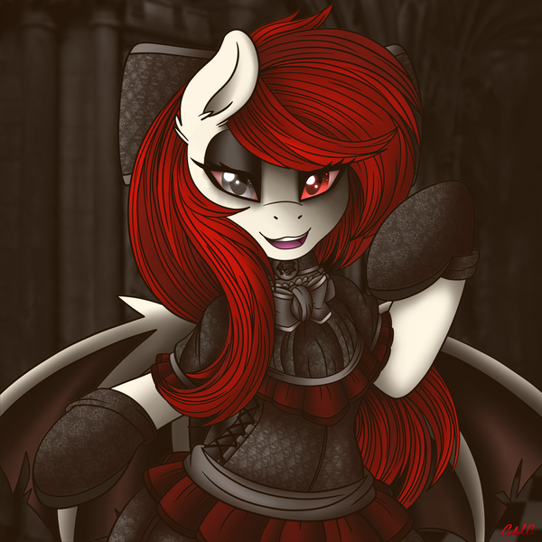 Size: 2000x2000 | Tagged: safe, artist:ciderpunk, derpibooru import, oc, oc:ribbon(vampire), unofficial characters only, bat pony, pony, vampire, bat pony oc, bat wings, clothes, cute, dress, eyeshadow, gloves, goth, heterochromia, looking at you, makeup, outfit, solo, victorian, wings