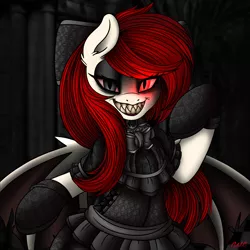 Size: 2000x2000 | Tagged: semi-grimdark, artist:ciderpunk, derpibooru import, oc, oc:ribbon(vampire), unofficial characters only, bat pony, vampire, bat pony oc, bat wings, clothes, cute, dress, eyeshadow, gloves, goth, looking at you, makeup, outfit, scary, sharp teeth, solo, teeth, victorian, wings