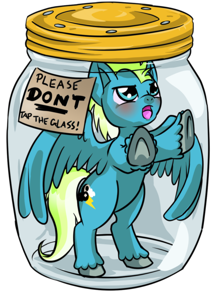 Size: 930x1274 | Tagged: safe, artist:dawnallies, derpibooru import, part of a set, oc, unofficial characters only, pegasus, pony, blue, blushing, cheeks, cutie mark, don't tap the pony in the jar, falling, fluffy, freefall, glass, green, grumpy, hooves, jar, lid, lightning, male, part of a series, plastic, pony in a bottle, simple background, solo, stuck, transparent background, trapped, upset, white, yell, yelling, yin-yang