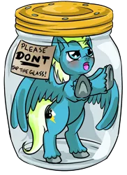 Size: 930x1274 | Tagged: safe, artist:dawnallies, derpibooru import, part of a set, oc, unofficial characters only, pegasus, pony, blue, blushing, cheeks, cutie mark, don't tap the pony in the jar, falling, fluffy, freefall, glass, green, grumpy, hooves, jar, lid, lightning, male, part of a series, plastic, pony in a bottle, simple background, solo, stuck, transparent background, trapped, upset, white, yell, yelling, yin-yang