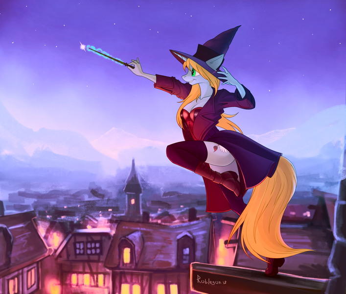 Size: 3535x3000 | Tagged: suggestive, artist:rublegun, derpibooru import, oc, oc:art's desire, unofficial characters only, anthro, unicorn, breasts, city, clothes, female, hat, image, magic, night, png, rooftop, scenery, sideways glance, solo, standing, standing on one leg, witch, witch costume, witch hat