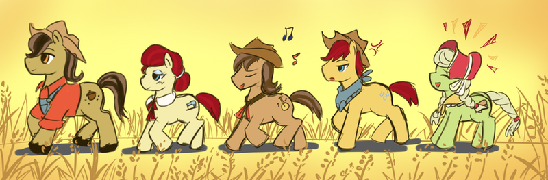 Size: 900x296 | Tagged: safe, artist:tomato-al, derpibooru import, apple bloom, applejack, big macintosh, granny smith, happy trails, pokey oaks, prairie tune, sew 'n sow, pony, apple family, apple family member, eyes closed, lidded eyes, music notes, no catchlights, profile