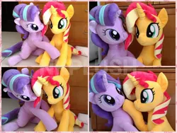Size: 1200x900 | Tagged: safe, artist:nekokevin, derpibooru import, starlight glimmer, sunset shimmer, pony, unicorn, series:nekokevin's glimmy, chewing, cute, duo, eating, female, glimmerbetes, grabbing, irl, looking at each other, mare, photo, plushie, pointing, raised hoof, shimmerbetes, sitting, smiling, watermark