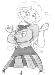 Size: 668x914 | Tagged: dead source, suggestive, artist:reiduran, derpibooru import, sunset shimmer, equestria girls, twilight sparkle's science fair sparks, bowtie, breasts, busty sunset shimmer, clothes, crystal prep academy uniform, female, grayscale, implied sci-twi, miniskirt, monochrome, pleated skirt, school uniform, sketch, skirt, solo, solo female, thighs, tight clothing