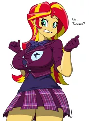 Size: 1336x1828 | Tagged: suggestive, artist:reiduran, color edit, derpibooru import, edit, sunset shimmer, equestria girls, twilight sparkle's science fair sparks, bowtie, breasts, busty sunset shimmer, clothes, colored, crystal prep academy uniform, female, implied sci-twi, miniskirt, pleated skirt, school uniform, simple background, skirt, solo, solo female, thighs, tight clothing, white background