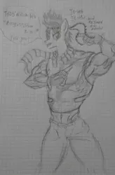 Size: 1024x1564 | Tagged: safe, artist:juanv20, derpibooru import, ponified, anthro, pony, armpits, black and white, clothes, graph paper, grayscale, jojo's bizarre adventure, joseph joestar, looking at you, monochrome, muscles, quote, scarf, solo, traditional art