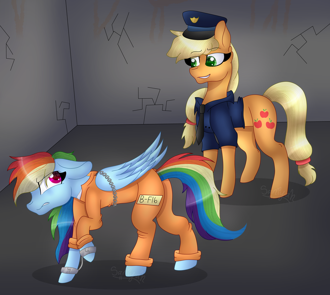 Size: 4028x3591 | Tagged: safe, artist:tomboygirl45, derpibooru import, applejack, rainbow dash, pony, annoyed, b-f16, bound wings, butt, chains, clothes, cuffs, jail, never doubt rainbowdash69's involvement, plot, police uniform, prison, prison outfit, prisoner rd, shackles, smiling, smirk, wings