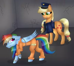 Size: 4028x3591 | Tagged: safe, artist:tomboygirl45, derpibooru import, applejack, rainbow dash, pony, annoyed, b-f16, bound wings, butt, chains, clothes, cuffs, jail, never doubt rainbowdash69's involvement, plot, police uniform, prison, prison outfit, prisoner rd, shackles, smiling, smirk, wings