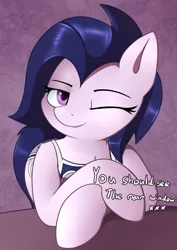 Size: 1959x2767 | Tagged: suggestive, artist:neighday, derpibooru import, oc, oc:lavender (neighday), unofficial characters only, earth pony, pony, clothes, female, innuendo, mare, meme, one eye closed, solo, swimsuit, text, wink, xxx