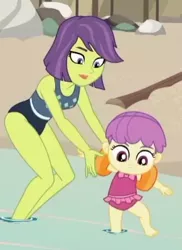 Size: 290x398 | Tagged: safe, derpibooru import, screencap, victoria, water lily (equestria girls), equestria girls, equestria girls series, turf war, baby, barefoot, clothes, cropped, cute, feet, female, mother and child, mother and daughter, swimsuit