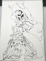 Size: 2448x3264 | Tagged: safe, artist:nipa, derpibooru import, pinkie pie, earth pony, pony, semi-anthro, armor, cloak, clothes, crossover, gun, hoof hold, mask, monochrome, overwatch, reaper (overwatch), solo, traditional art, weapon