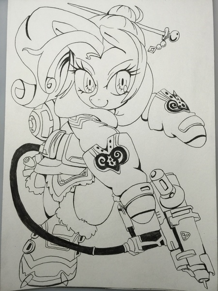 Size: 2448x3264 | Tagged: safe, artist:nipa, derpibooru import, rarity, pony, semi-anthro, unicorn, boots, clothes, coat, crossover, gloves, gun, hairpin, hoof hold, mei (overwatch), monochrome, overwatch, pants, shirt, shoes, solo, traditional art, weapon