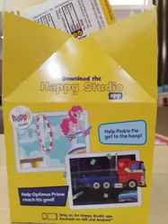 Size: 3016x4032 | Tagged: box, clash of hasbro's titans, derpibooru import, happy, happy meal, happy studio (app), irl, malaysia, mcdonald's, optimus prime, photo, photographer:horsesplease, pinkie pie, safe, smiling, transformers, truck