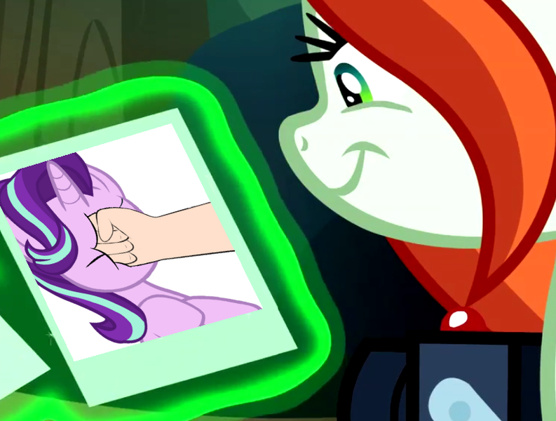 Size: 812x614 | Tagged: safe, derpibooru import, edit, edited screencap, screencap, crackle cosette, queen chrysalis, starlight glimmer, human, unicorn, the mean 6, abuse, chrysalis sure does hate starlight, chrysalis' picture, cropped, disguise, disguised changeling, glimmerbuse, hand, meme, photo, punch, schadenfreude, smiling, solo