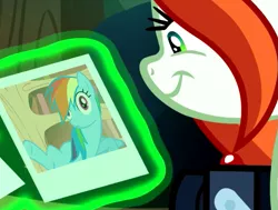 Size: 813x615 | Tagged: bridle gossip, camera, chrysalis' picture, crackle cosette, cropped, derpibooru import, disguise, disguised changeling, edit, edited screencap, exploitable meme, meme, queen chrysalis, rainbow dash, raised hoof, safe, screencap, the mean 6