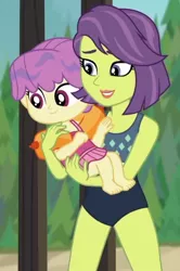 Size: 460x692 | Tagged: safe, derpibooru import, screencap, victoria, water lily (equestria girls), equestria girls, equestria girls series, turf war, barefoot, clothes, cropped, feet, female, mother and child, mother and daughter, swimsuit