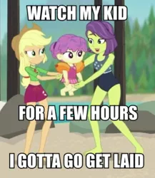 Size: 436x502 | Tagged: suggestive, derpibooru import, edit, edited screencap, screencap, applejack, victoria, water lily (equestria girls), equestria girls, equestria girls series, turf war, baby, background human, barefoot, caption, clothes, cropped, feet, female, image, image macro, meme, mother, one-piece swimsuit, png, shorts, single mom, swimming trunks, swimsuit, text, toddler