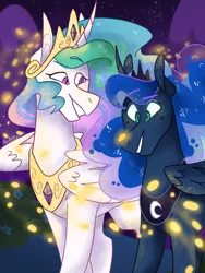 Size: 1024x1365 | Tagged: artist:torielity, curved horn, cute, derpibooru import, ethereal mane, firefly (insect), horn, insect, looking at something, night, princess celestia, princess luna, royal sisters, safe, smiling