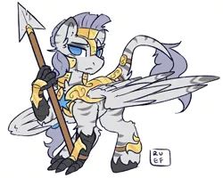 Size: 3599x2873 | Tagged: safe, artist:ruef, derpibooru import, oc, oc:zerstörer, oc:zulu, unofficial characters only, gryphon, hippogriff, original species, zebra, zebragriff, armor, male, royal guard, royal guard armor, simple background, solo, spear, stripes, talons, weapon, white background, zerb