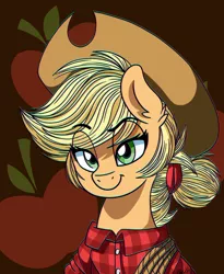 Size: 2300x2800 | Tagged: applejack, applejack's hat, artist:ciderpunk, bust, clothes, cowboy hat, cutie mark background, derpibooru import, eye clipping through hair, hat, lasso, looking at you, portrait, rope, safe, solo