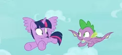 Size: 816x370 | Tagged: alicorn, derpibooru import, dragon, flying, male, molt down, safe, screencap, spike, twilight sparkle, twilight sparkle (alicorn), winged spike, wings