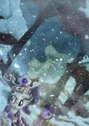 Size: 1600x2267 | Tagged: artist:hewison, blizzard, clothes, clover the clever, derpibooru import, hearth's warming eve, hearth's warming eve (episode), princess platinum, rarity, safe, scene interpretation, snow, snowfall, twilight sparkle