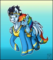 Size: 1758x1978 | Tagged: safe, artist:stormblaze-pegasus, derpibooru import, rainbow dash, soarin', pegasus, pony, clothes, female, goggles, male, mare, shipping, smiling, soarindash, stallion, straight, uniform, wonderbolts uniform