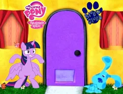 Size: 568x435 | Tagged: alicorn, blue (blue's clues), blue's clues, derpibooru import, flower, house, logo, safe, scared, snail, twilight sparkle, twilight sparkle (alicorn)