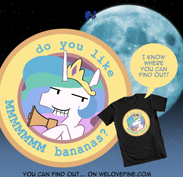 Size: 885x855 | Tagged: safe, artist:hinoraito, derpibooru import, official, princess celestia, princess luna, alicorn, pony, clothes, do you like bananas?, female, friendship is magic bitch, mare, megaphone, merchandise, moon, shirt, t-shirt, to the moon, welovefine