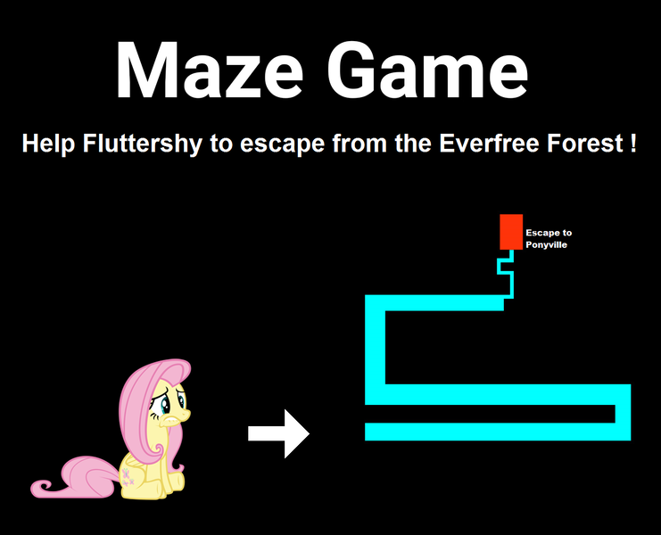 Size: 1270x1028 | Tagged: arrow, artist:gratlofatic, black background, derpibooru import, fluttershy, fs doesn't know what she's getting into, maze, maze game, meme, safe, scary maze game, simple background, solo, text, this will end in tears