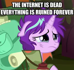Size: 764x720 | Tagged: safe, derpibooru import, edit, edited screencap, screencap, starlight glimmer, pony, unicorn, the mean 6, backpack, caption, cropped, crying, dirty, don't panic, european union drama, everything is ruined, fear mongering, female, floppy ears, frown, here we go again, image macro, implied article 13, implied european union, implied net neutrality, lantern, mare, meme, messy mane, net neutrality drama, parka, politics, raised hoof, sad, solo, text, the death of the internet, united states drama