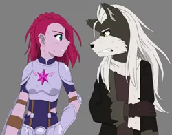 Size: 1597x1255 | Tagged: anthro, armor, artist:fantasygerard2000, clothes, crossover, derpibooru import, furry, gloves, gray background, human, humanized, infinite (character), looking at each other, safe, scarf, sega, simple background, sonic forces, sonic the hedgehog (series), tempest shadow, zero the jackal