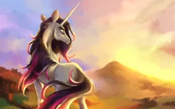 Size: 3375x2111 | Tagged: safe, artist:tuherrus, derpibooru import, oleander (tfh), classical unicorn, unicorn, them's fightin' herds, cloven hooves, community related, female, leonine tail, scenery, solo, sunrise, unshorn fetlocks