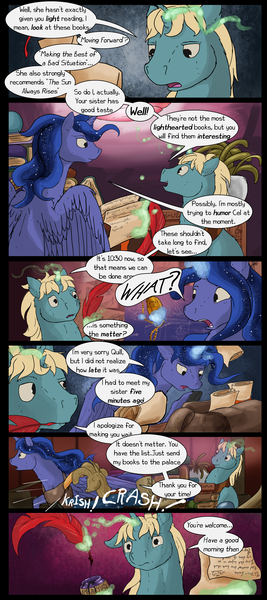 Size: 2000x4500 | Tagged: safe, artist:seventozen, derpibooru import, princess luna, oc, oc:quill (seventozen), alicorn, pony, unicorn, comic:the day breaks softly, book, comic, ethereal mane, glowing horn, horn, magic, male, pocket watch, scroll, stallion, starry mane, telekinesis