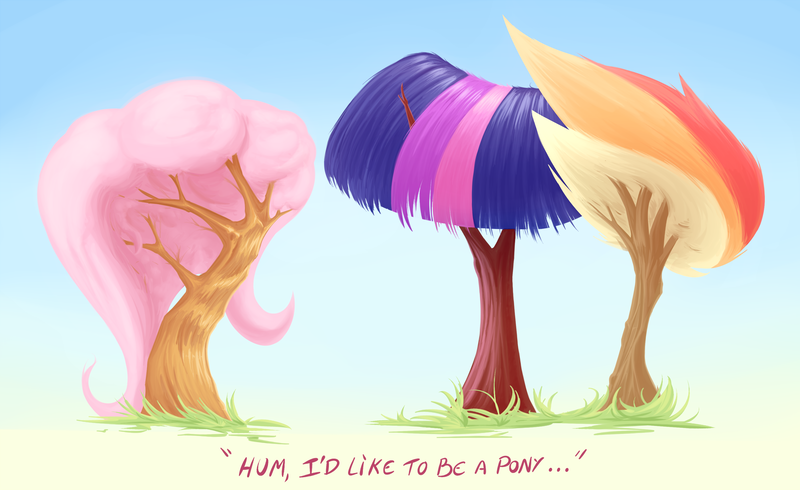 Size: 3500x2142 | Tagged: artist:sea-maas, dendrification, derpibooru import, fluttershy, fluttertree, grass, i'd like to be a tree, inanimate tf, no pony, over a barrel, parody, rainbow dash, role reversal, safe, simple background, species swap, text, tree, twilight sparkle, wat