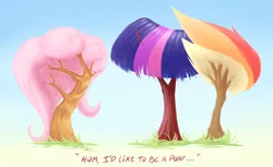Size: 3500x2142 | Tagged: artist:sea-maas, dendrification, derpibooru import, fluttershy, fluttertree, grass, i'd like to be a tree, inanimate tf, no pony, over a barrel, parody, rainbow dash, role reversal, safe, simple background, species swap, text, tree, twilight sparkle, wat