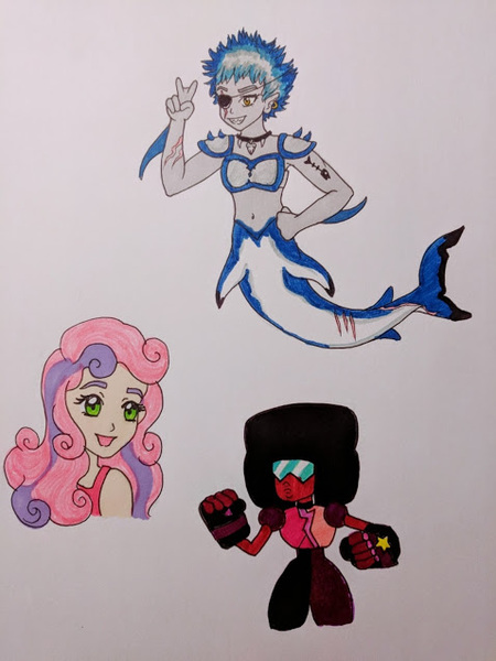 Size: 478x637 | Tagged: art dump, artist:metalamethyst, crossover, derpibooru import, garnet (steven universe), human, humanized, mershark, non-mlp oc, oc, safe, steven universe, sweetie belle, traditional art