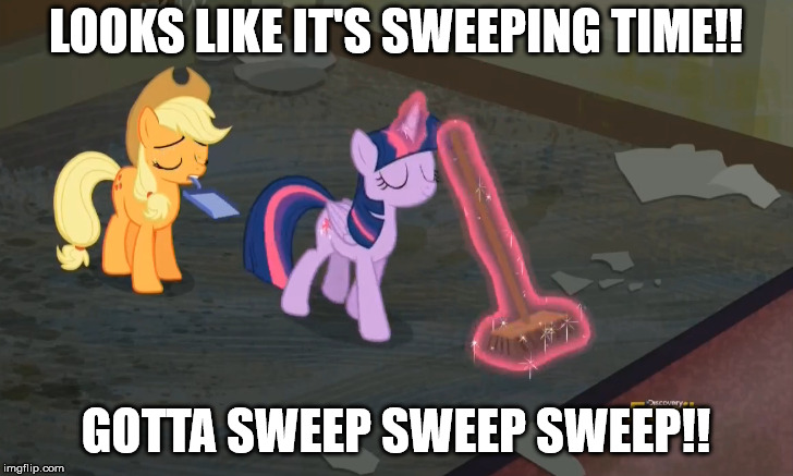 Size: 728x437 | Tagged: alicorn, applejack, baldi's basics in education and learning, broom, caption, derpibooru import, dialogue, dustpan, edit, edited screencap, gotta sweep, image macro, meme, mouth hold, safe, screencap, sweeping, sweepsweepsweep, text, the saddle row review, twilight sparkle, twilight sparkle (alicorn), twilight sweeple