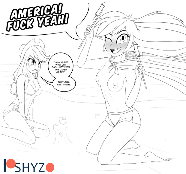 Size: 620x582 | Tagged: questionable, artist:pshyzomancer, derpibooru import, applejack, rainbow dash, equestria girls, american flag, american independence day, applejack's hat, bikini, bikini top, breasts, clothes, commission, cowboy hat, dialogue, drunk, drunker dash, fireworks, grayscale, hat, king of the hill, lineart, looking at you, monochrome, nipples, nudity, one eye closed, partial nudity, sand castle, shorts, smiling, speech bubble, swimsuit, team america: world police, topless, vulgar, wink