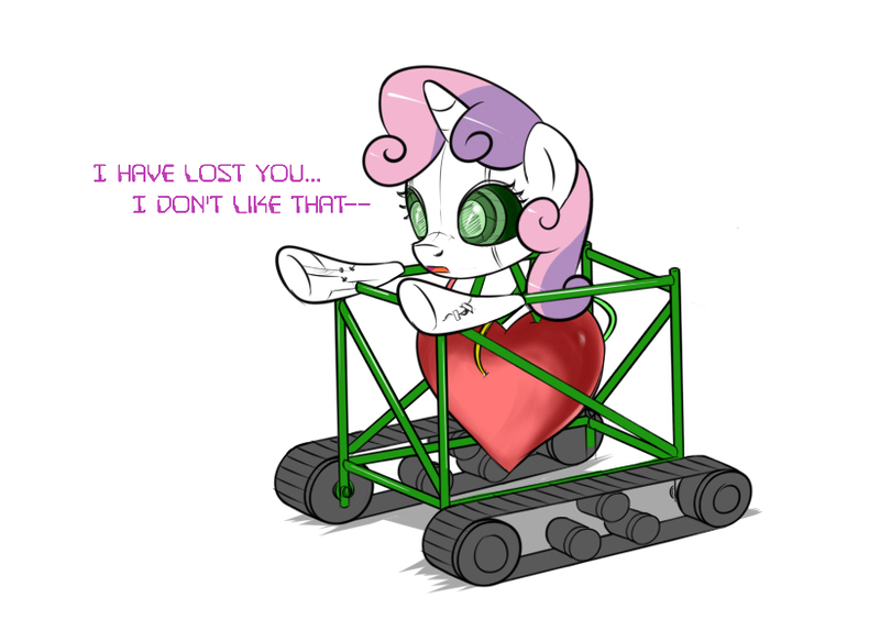 Size: 822x600 | Tagged: safe, artist:twilite-sparkleplz, derpibooru import, sweetie belle, pony, robot, robot pony, unicorn, 1st prize, baldi's basics in education and learning, dialogue, female, filly, foal, heart, hooves, horn, open mouth, simple background, solo, sweetie bot, talking, text, white background