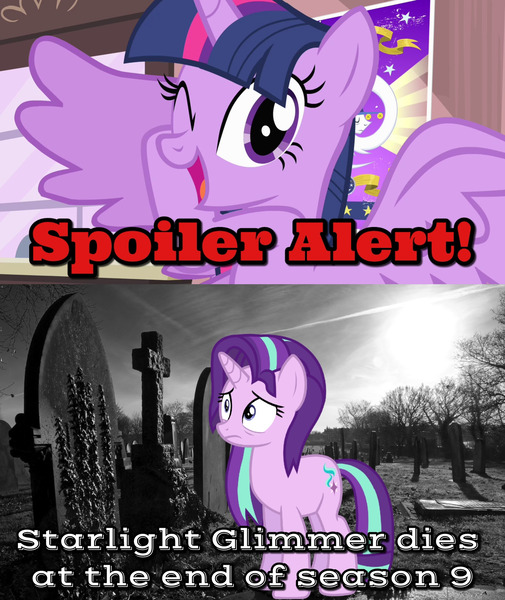 Size: 1680x1995 | Tagged: abuse, alicorn, all bottled up, cemetery, derpibooru import, description is relevant, drama, edit, edited screencap, end of ponies, fake, false spoiler, glimmerbuse, gravestone, graveyard, one eye closed, sad, safe, screencap, season 9, speculation, spoiler alert, spoiler:s09, spread wings, starlight drama, starlight glimmer, three's a crowd, twilight sparkle, twilight sparkle (alicorn), wingboner, wings, wink