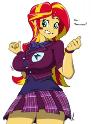 Size: 1336x1828 | Tagged: suggestive, artist:reiduran, color edit, derpibooru import, edit, sunset shimmer, equestria girls, twilight sparkle's science fair sparks, bowtie, braclets, breasts, busty sunset shimmer, clothes, colored, crystal prep academy uniform, female, implied sci-twi, miniskirt, pleated skirt, school uniform, simple background, skirt, solo, solo female, thighs, tight clothing, white background