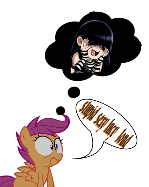 Size: 718x897 | Tagged: artist:shadman, bird, chicken, derpibooru import, lucy loud, meme, safe, scootaloo, >shadman, simple background, speech bubble, stupid sexy flanders, stupid sexy lucy loud, stupid sexy meme, the loud house, thought bubble, white background