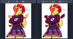 Size: 1280x687 | Tagged: suggestive, artist:reiduran, color edit, derpibooru import, edit, sunset shimmer, derpibooru, equestria girls, twilight sparkle's science fair sparks, bowtie, braclets, breasts, busty sunset shimmer, clothes, colored, comparison, crystal prep academy uniform, female, implied sci-twi, juxtaposition, meta, miniskirt, pleated skirt, school uniform, side by side, simple background, skirt, solo, solo female, thighs, tight clothing, white background