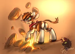 Size: 1400x1000 | Tagged: arizona cow, artist:cyrilunicorn, butt, cloven hooves, community related, cow, derpibooru import, featureless crotch, female, looking at you, looking back, plot, raised hoof, safe, stomping, them's fightin' herds