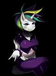 Size: 1615x2191 | Tagged: alternate hairstyle, anthro, artist:traupa, black background, bracelet, choker, collar, derpibooru import, devil horn (gesture), female, it isn't the mane thing about you, jewelry, punk, raripunk, rarity, safe, simple background, solo, spiked choker, spiked collar, spiked wristband, studded bracelet, wristband